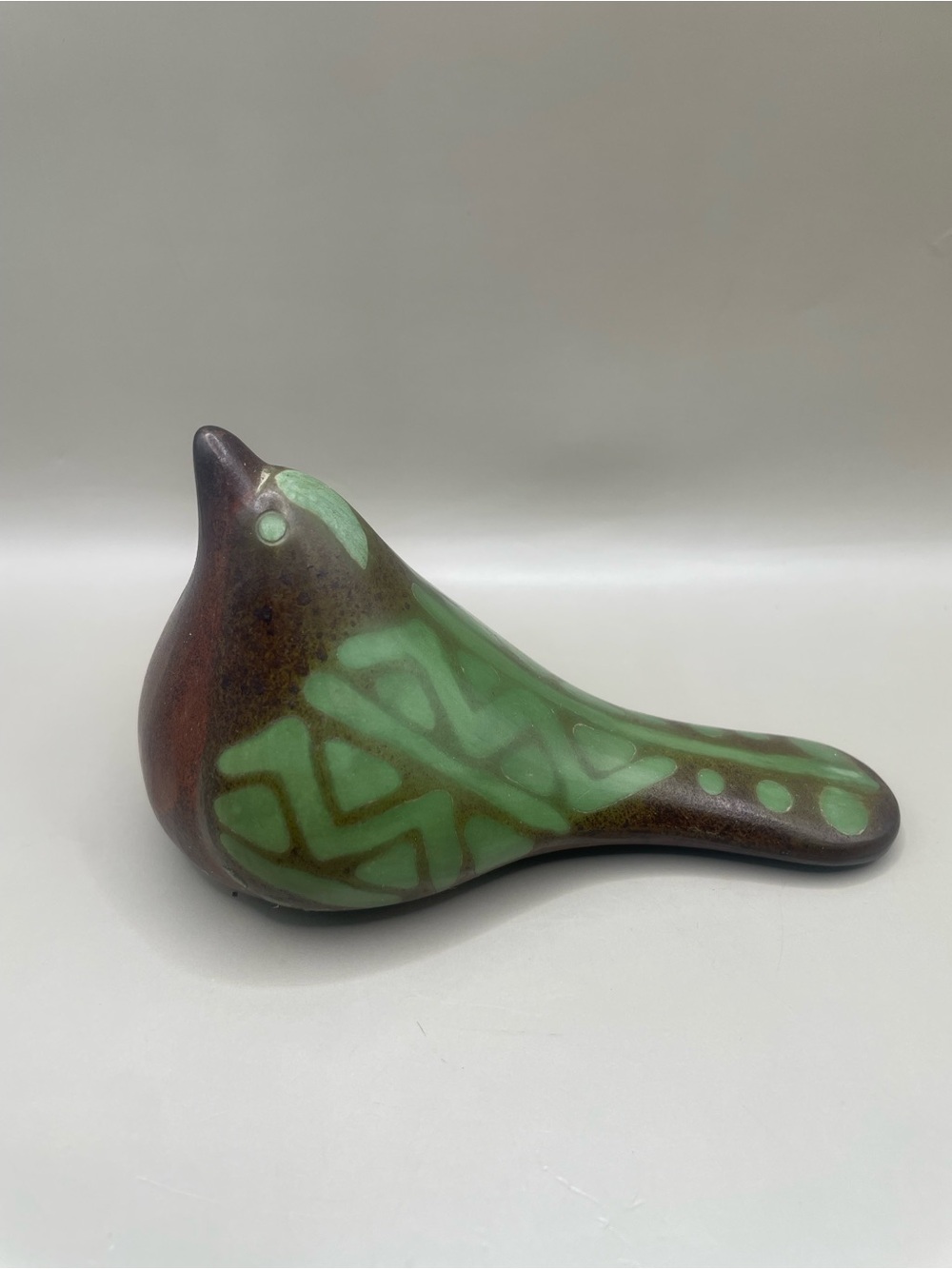 VTG Signed Polo Bird Figurine Hand Painted Green Brown Ceramic Peru Pottery